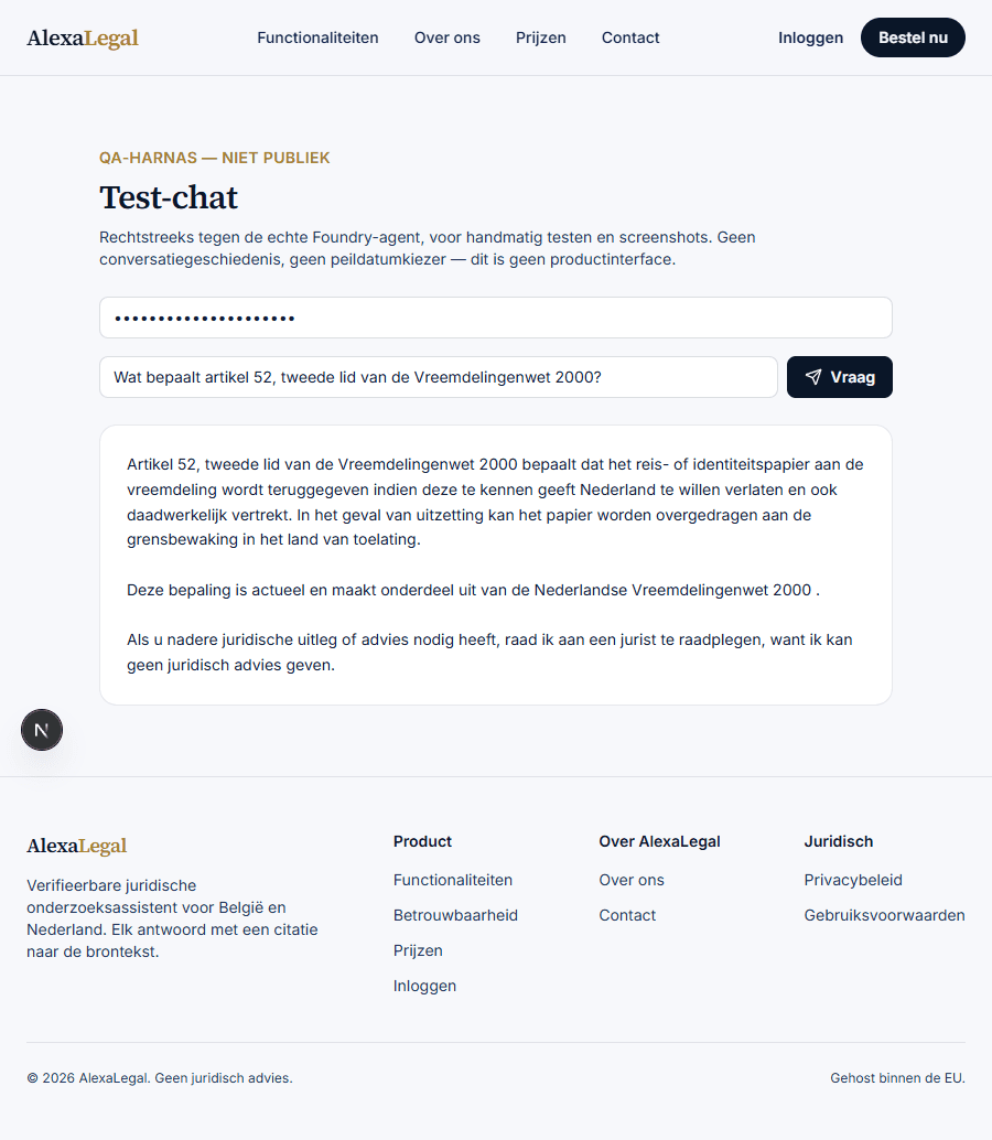 Echte AlexaLegal-agent die een vraag over de Vreemdelingenwet 2000 beantwoordt met citatie